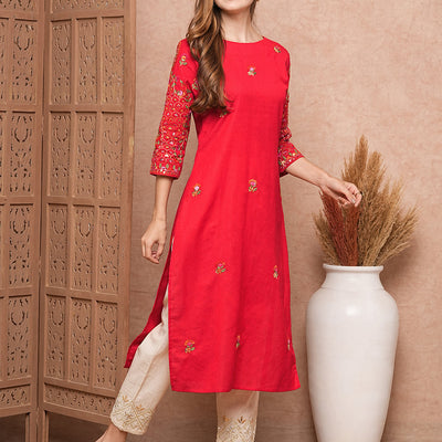 Floral Hand Sequin Embroidered Straight Fit Kurta - Red