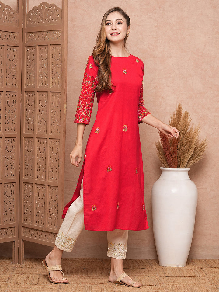 Floral Hand Sequin Embroidered Straight Fit Kurta - Red