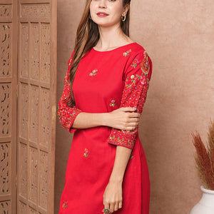 Floral Hand Sequin Embroidered Straight Fit Kurta - Red