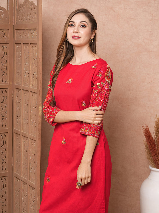 Floral Hand Sequin Embroidered Straight Fit Kurta - Red