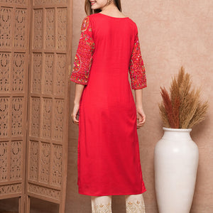 Floral Hand Sequin Embroidered Straight Fit Kurta - Red