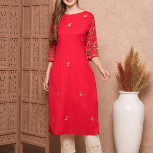 Floral Hand Sequin Embroidered Straight Fit Kurta - Red