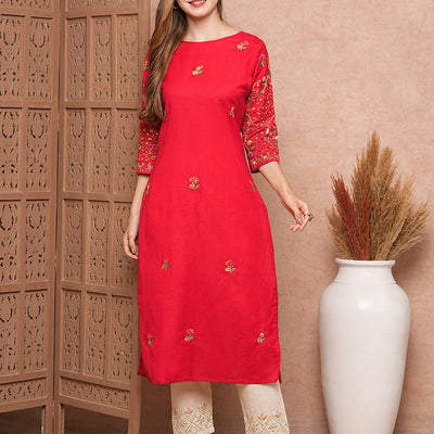 Floral Hand Sequin Embroidered Straight Fit Kurta - Red