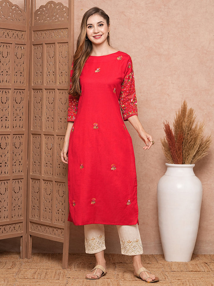 Floral Hand Sequin Embroidered Straight Fit Kurta - Red