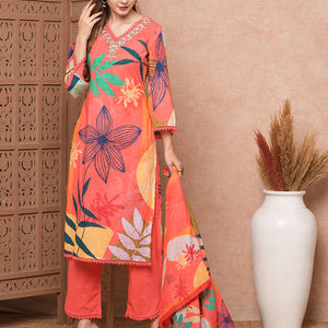 Abstract Floral Printed & Embroidered Kurta with Pant & Dupatta - Pink