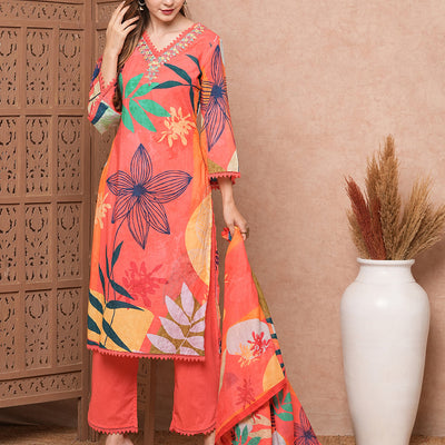Abstract Floral Printed & Embroidered Kurta with Pant & Dupatta - Pink