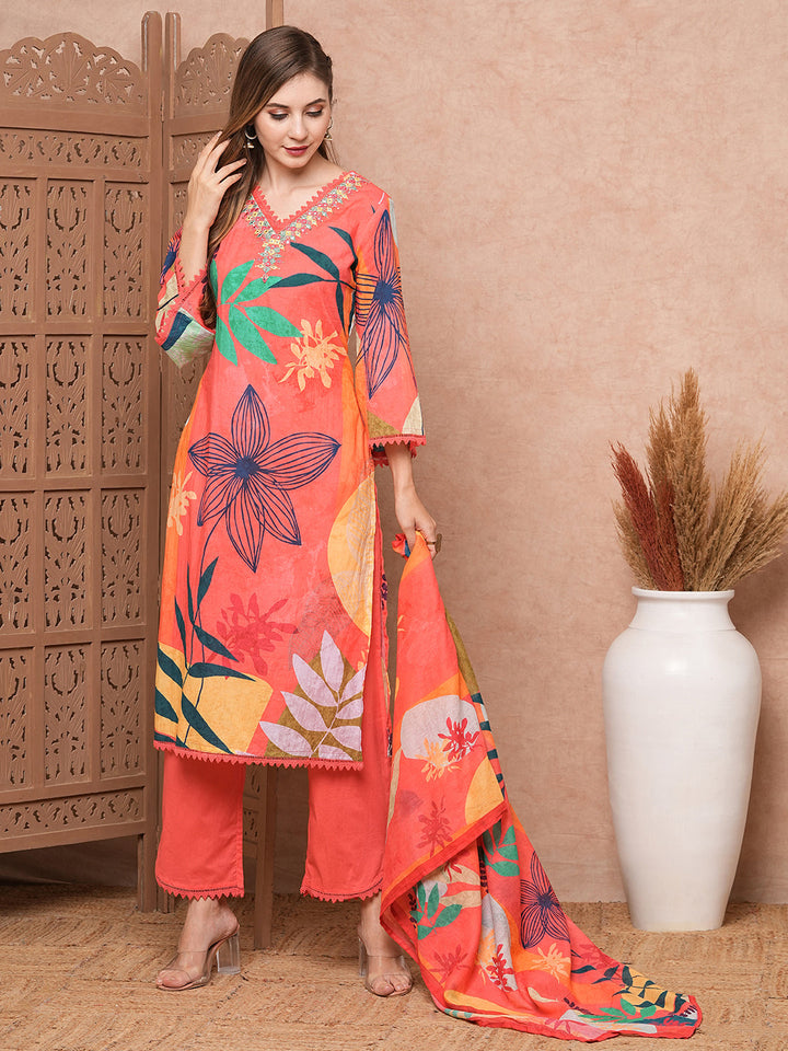 Abstract Floral Printed & Embroidered Kurta with Pant & Dupatta - Pink