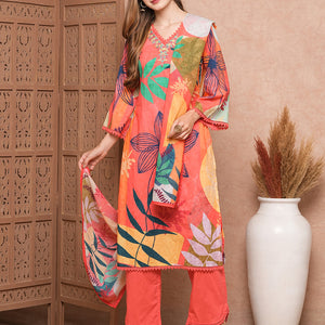 Abstract Floral Printed & Embroidered Kurta with Pant & Dupatta - Pink