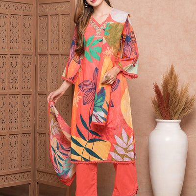 Abstract Floral Printed & Embroidered Kurta with Pant & Dupatta - Pink
