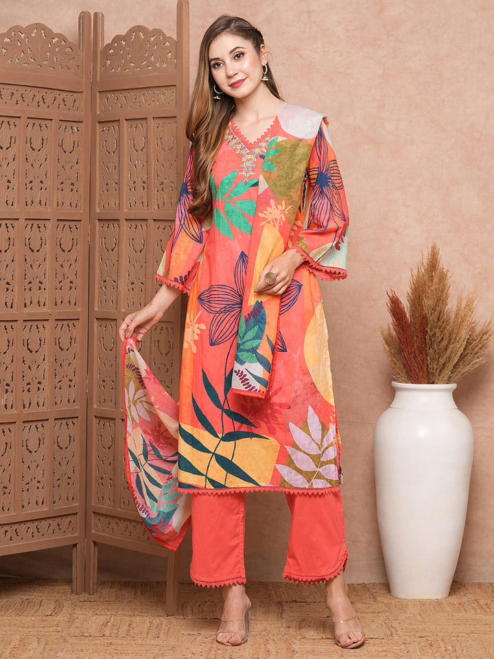 Abstract Floral Printed & Embroidered Kurta with Pant & Dupatta - Pink