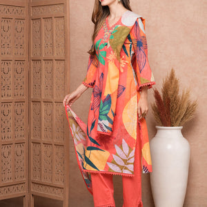 Abstract Floral Printed & Embroidered Kurta with Pant & Dupatta - Pink