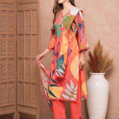 Abstract Floral Printed & Embroidered Kurta with Pant & Dupatta - Pink