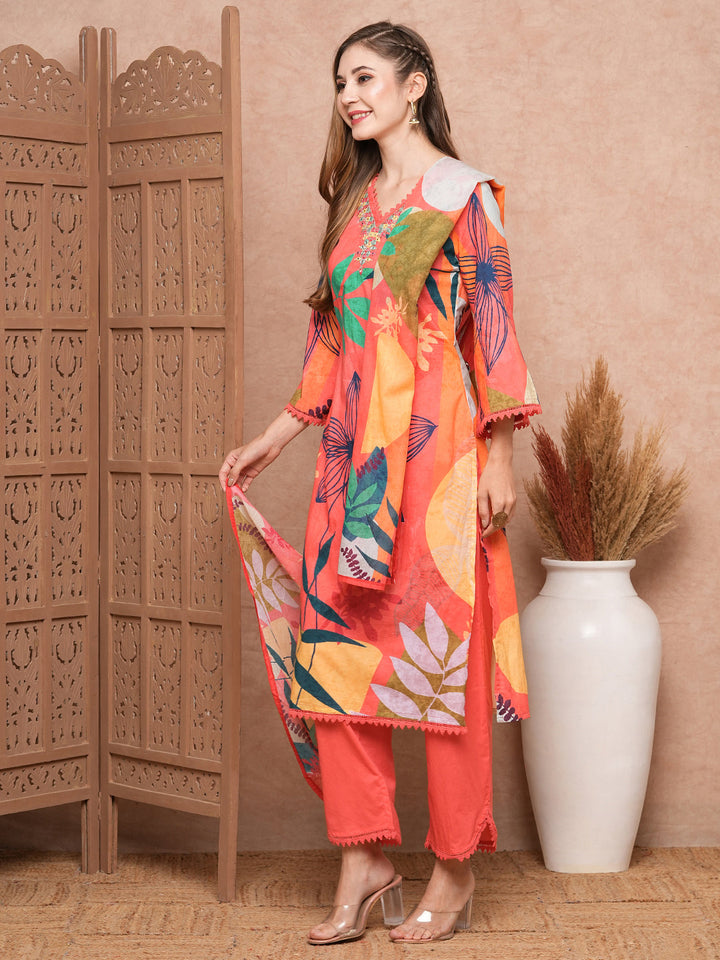 Abstract Floral Printed & Embroidered Kurta with Pant & Dupatta - Pink