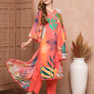 Abstract Floral Printed & Embroidered Kurta with Pant & Dupatta - Pink