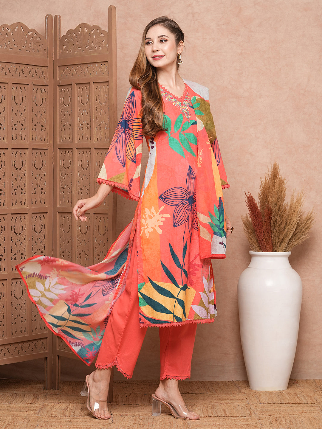 Abstract Floral Printed & Embroidered Kurta with Pant & Dupatta - Pink