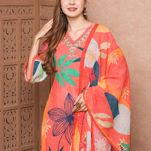Abstract Floral Printed & Embroidered Kurta with Pant & Dupatta - Pink