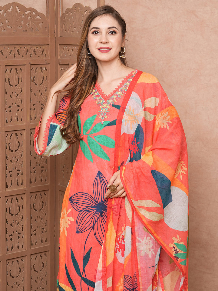 Abstract Floral Printed & Embroidered Kurta with Pant & Dupatta - Pink