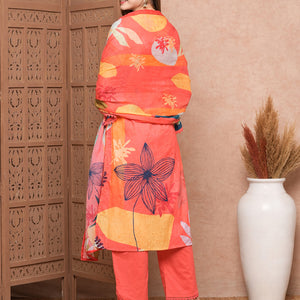 Abstract Floral Printed & Embroidered Kurta with Pant & Dupatta - Pink