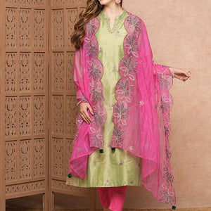 Solid Ethnic Zari Embroidered Straight Kurta with Pant & Organza Dupatta - Green