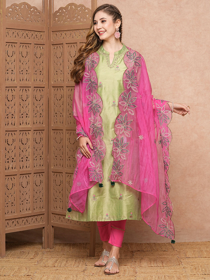 Solid Ethnic Zari Embroidered Straight Kurta with Pant & Organza Dupatta - Green