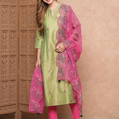 Solid Ethnic Zari Embroidered Straight Kurta with Pant & Organza Dupatta - Green