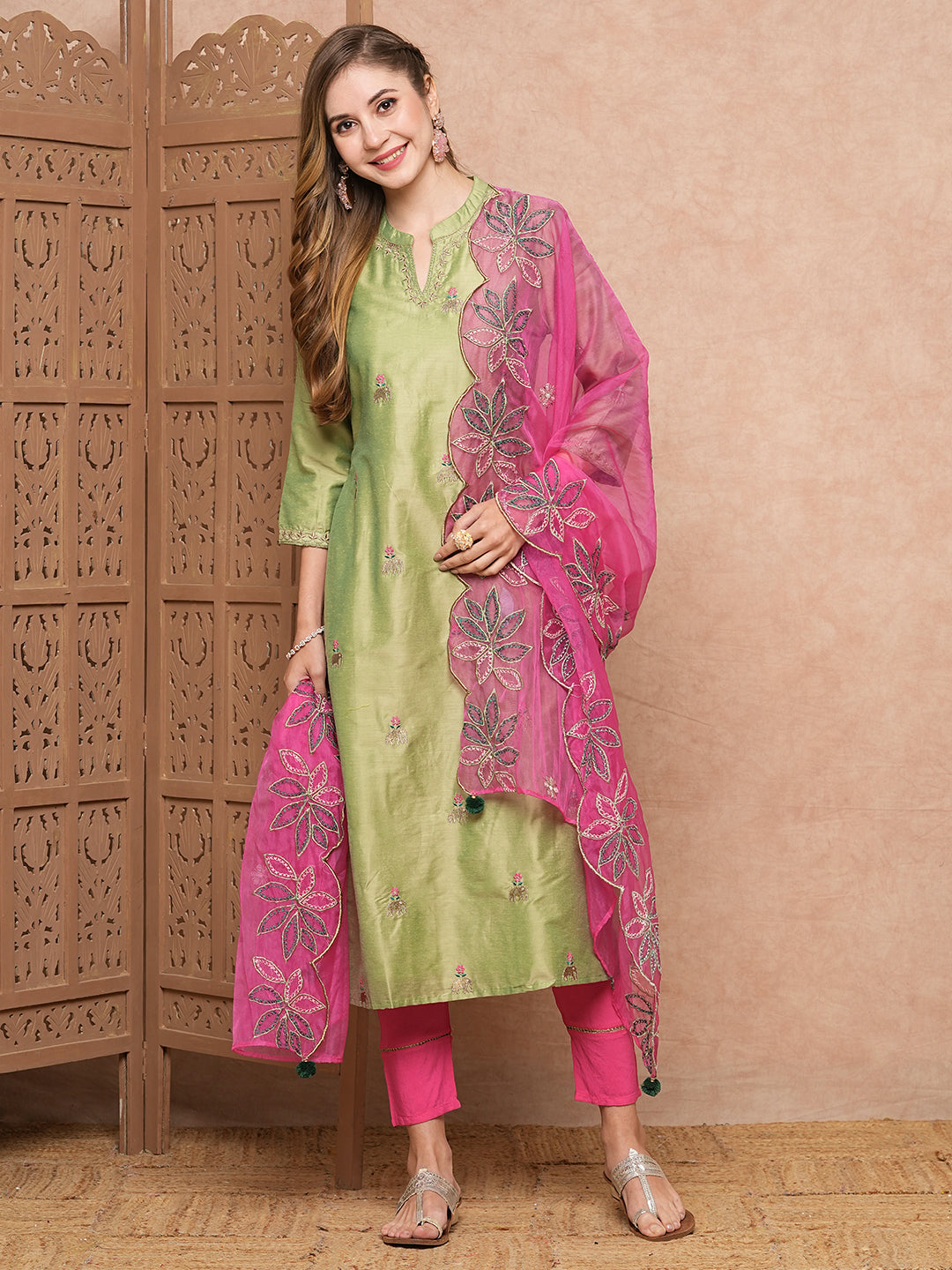 Solid Ethnic Zari Embroidered Straight Kurta with Pant & Organza Dupatta - Green