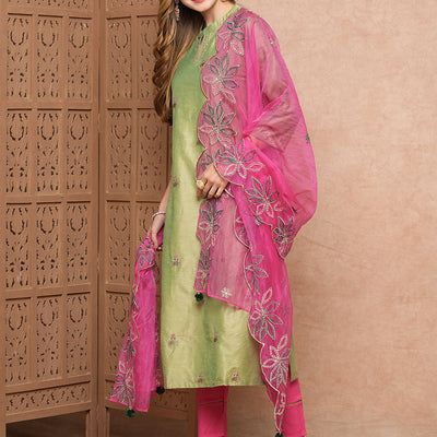 Solid Ethnic Zari Embroidered Straight Kurta with Pant & Organza Dupatta - Green