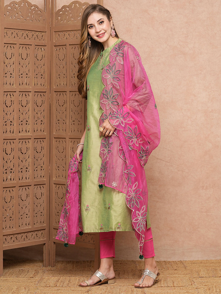 Solid Ethnic Zari Embroidered Straight Kurta with Pant & Organza Dupatta - Green