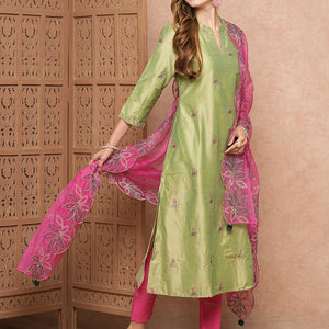 Solid Ethnic Zari Embroidered Straight Kurta with Pant & Organza Dupatta - Green