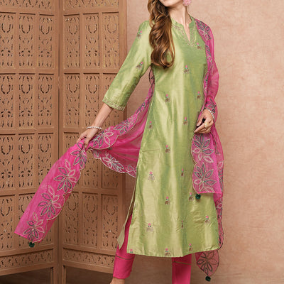 Solid Ethnic Zari Embroidered Straight Kurta with Pant & Organza Dupatta - Green