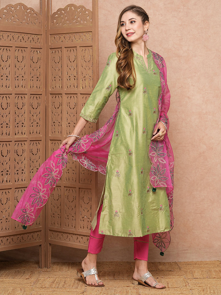 Solid Ethnic Zari Embroidered Straight Kurta with Pant & Organza Dupatta - Green