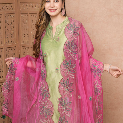 Solid Ethnic Zari Embroidered Straight Kurta with Pant & Organza Dupatta - Green