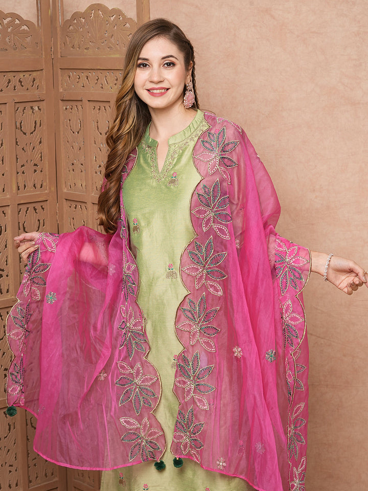 Solid Ethnic Zari Embroidered Straight Kurta with Pant & Organza Dupatta - Green