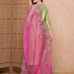 Solid Ethnic Zari Embroidered Straight Kurta with Pant & Organza Dupatta - Green