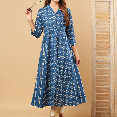 Ethnic Printed A-Line Paneled Flared Kurta - Blue
