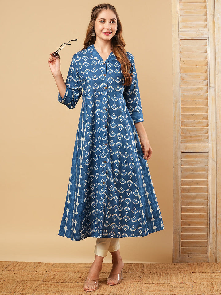 Ethnic Printed A-Line Paneled Flared Kurta - Blue