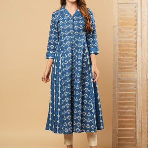 Ethnic Printed A-Line Paneled Flared Kurta - Blue