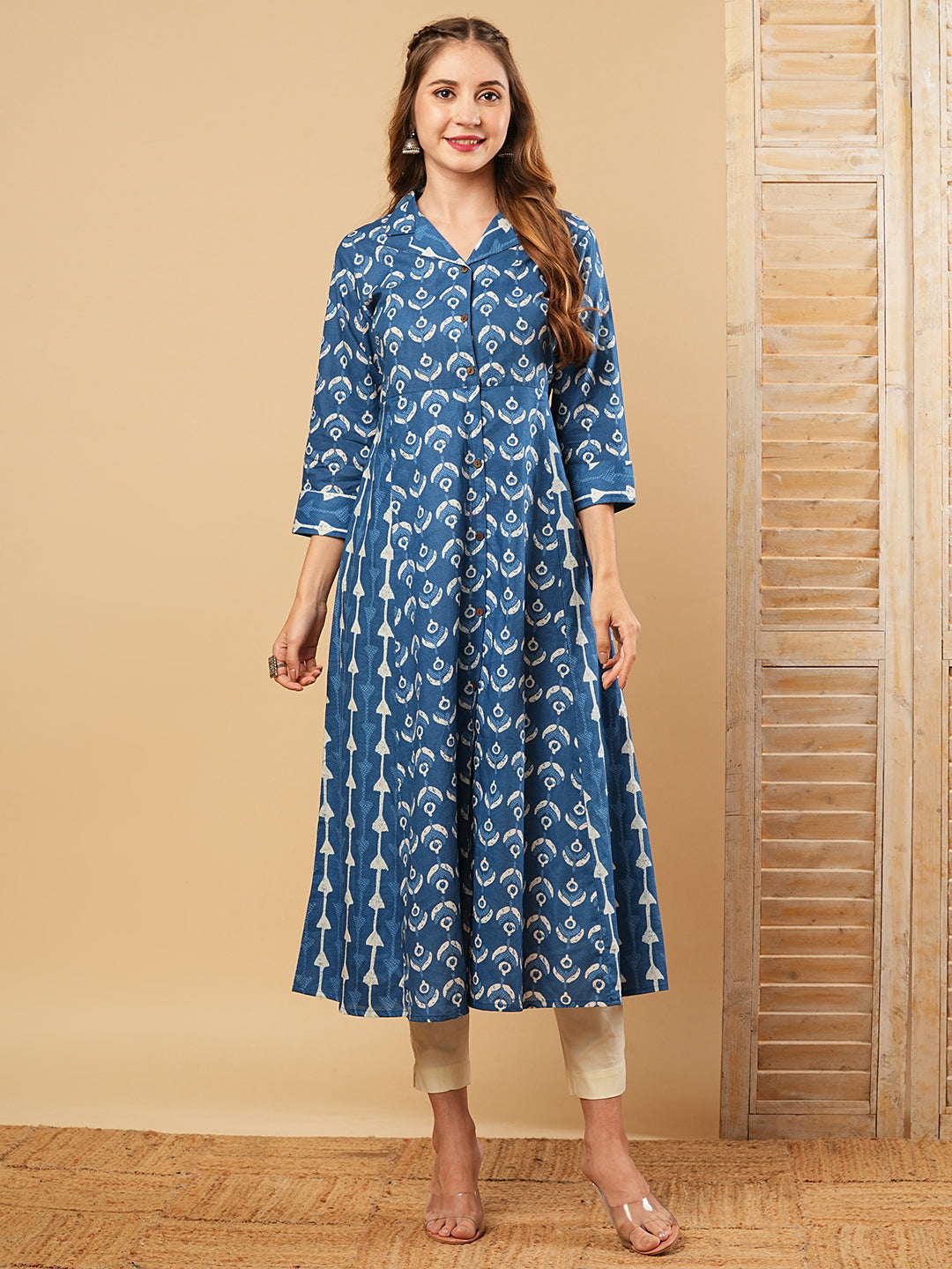 Ethnic Printed A-Line Paneled Flared Kurta - Blue