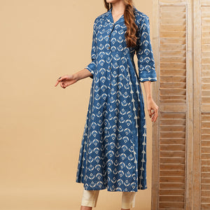 Ethnic Printed A-Line Paneled Flared Kurta - Blue