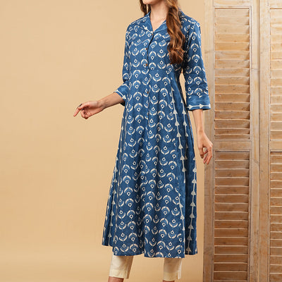 Ethnic Printed A-Line Paneled Flared Kurta - Blue
