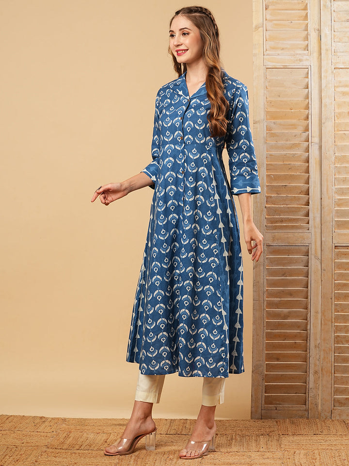 Ethnic Printed A-Line Paneled Flared Kurta - Blue