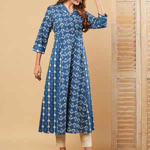 Ethnic Printed A-Line Paneled Flared Kurta - Blue