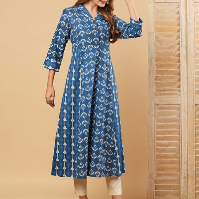 Ethnic Printed A-Line Paneled Flared Kurta - Blue
