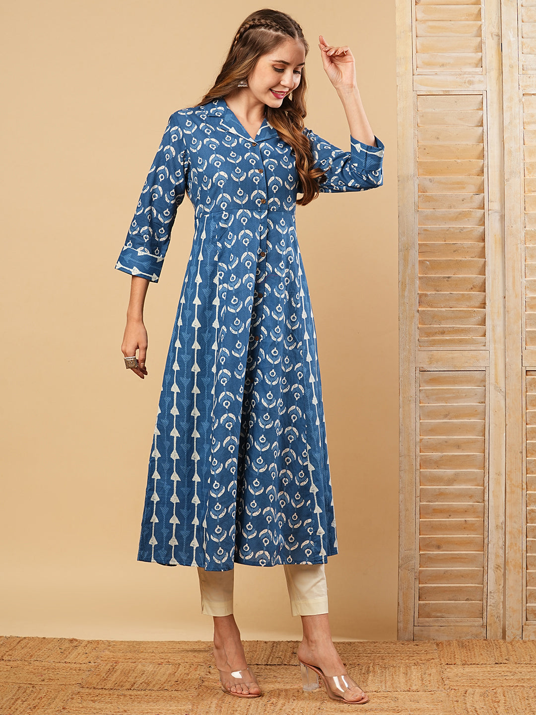 Ethnic Printed A-Line Paneled Flared Kurta - Blue