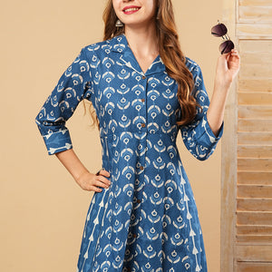 Ethnic Printed A-Line Paneled Flared Kurta - Blue