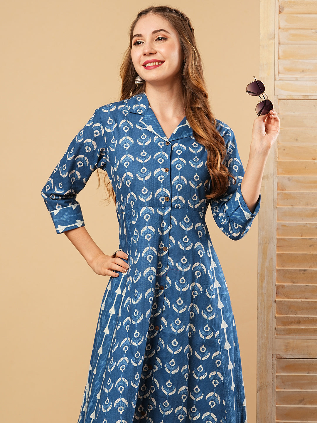 Ethnic Printed A-Line Paneled Flared Kurta - Blue