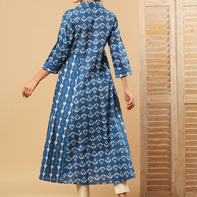 Ethnic Printed A-Line Paneled Flared Kurta - Blue