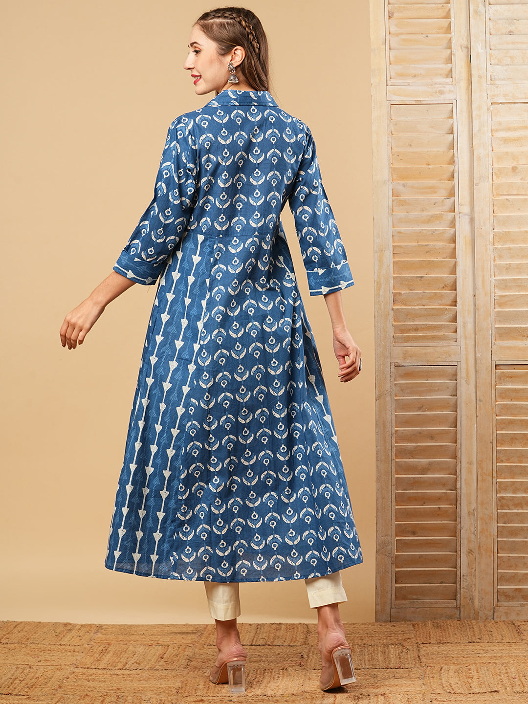 Ethnic Printed A-Line Paneled Flared Kurta - Blue