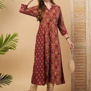 Ethnic Printed A-Line Paneled Flared Kurta - Maroon