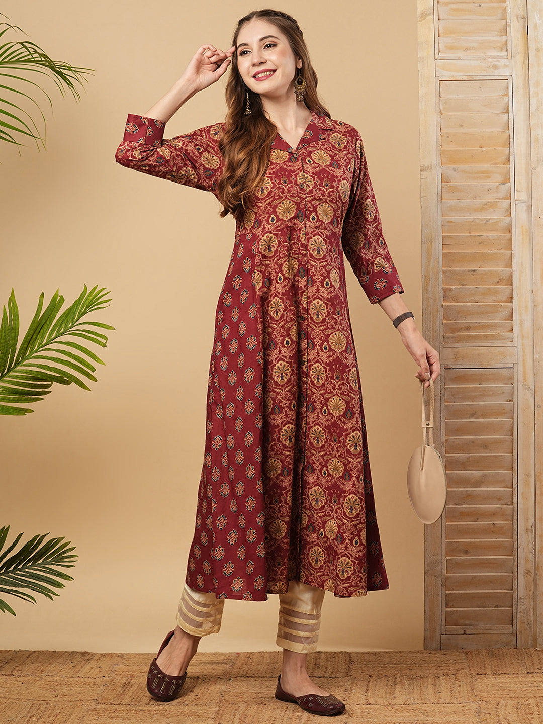 Ethnic Printed A-Line Paneled Flared Kurta - Maroon